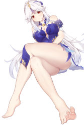Rule 34 | 1girl, ass, bare legs, bare shoulders, barefoot, blue collar, blue dress, breasts, cleavage, collar, crossed legs, dorsiflexion, dress, feet, foot focus, foreshortening, full body, genshin impact, hair ornament, hair tassel, highres, jewelry, large breasts, long hair, looking at viewer, ningguang (genshin impact), ningguang (orchid&#039;s evening gown) (genshin impact), official alternate costume, parted bangs, qingshuisi yu ji, red eyes, sidelocks, sitting, smile, solo, tassel, tassel hair ornament, thick thighs, thighs, toenails, toes, white background, white hair