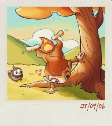 Rule 34 | artist name, black eyes, chimchar, cloud, creatures (company), dated, game freak, gen 4 pokemon, grass, handstand, highres, hill, looking at another, nintendo, one arm handstand, outdoors, pokemon, starly, teletelo, tree