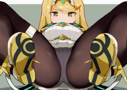 Rule 34 | 1girl, ass, black pantyhose, blonde hair, border, breasts, dangle earrings, earrings, expressionless, grey background, headpiece, highres, jewelry, kitami tsuzuka, large breasts, leggings, long hair, looking at viewer, mythra (massive melee) (xenoblade), mythra (xenoblade), nintendo, panties, panties under pantyhose, pantyhose, simple background, skindentation, solo, spread legs, super smash bros., swept bangs, thick thighs, thigh gap, thigh strap, thighs, tiara, underwear, upskirt, view between legs, white border, white panties, xenoblade chronicles (series), xenoblade chronicles 2, yellow eyes