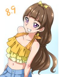 Rule 34 | 1girl, amanogawa kirara, blue pants, blunt bangs, bow, brown hair, chocokin, collarbone, dated, earrings, go! princess precure, grin, hair bow, halterneck, hand on own hip, high ponytail, jewelry, long hair, midriff, navel, pants, precure, purple eyes, sleeveless, smile, solo, standing, star (symbol), star earrings, stomach, very long hair, yellow bow