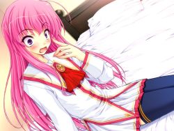 Rule 34 | 1girl, blush, flat chest, game cg, hime x hime, indoors, kujouin saki, pink hair, purple eyes, school uniform, sitting, solo, surprised, tagme, thighhighs