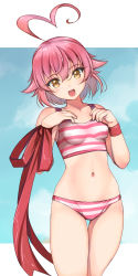 Rule 34 | 1girl, absurdres, ahoge, aino heart, arcana heart, bikini, breasts, commentary request, gradient hair, hair flaps, heart, heart ahoge, highres, multicolored hair, pink bikini, pink hair, red ribbon, ribbon, short hair, small breasts, smile, solo, standing, striped bikini, striped clothes, swimsuit, translation request, yashin (yasinz), yellow eyes