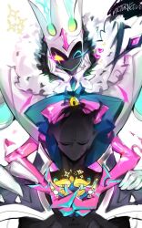 Rule 34 | 1boy, 1other, black skin, bow, bowtie, character name, colored skin, crown, fiddlesticks, fidorubeibi, fur collar, green bow, green bowtie, grin, hands on another&#039;s shoulders, league of legends, looking down, pink bow, pink bowtie, shaco, smile, star nemesis fiddlesticks, upper body, white background