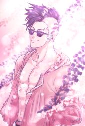 Rule 34 | 1boy, abs, banana fish, facing viewer, flower, hands in pockets, highres, hood, hood down, hooded jacket, jacket, male focus, mohawk, open clothes, open jacket, piercing, rio pepelo, shorter wong, smile, sunglasses, wisteria