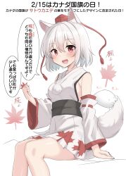 Rule 34 | 1girl, absurdres, animal ears, blush, canada, commentary request, detached sleeves, hat, highres, hitodama, inubashiri momiji, konpaku youmu (ghost), leaf, leaf print, looking at viewer, maple leaf, maple leaf print, open mouth, pom pom (clothes), red eyes, ribbon-trimmed sleeves, ribbon trim, short hair, smile, solo, speech bubble, tail, tokin hat, touhou, translation request, white hair, wolf ears, wolf girl, wolf tail, youmu-kun