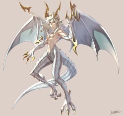 Rule 34 | 1boy, claws, closed mouth, dragon boy, dragon horns, dragon tail, dragon wings, full body, grey background, highres, horns, kotatsu (g-rough), looking at viewer, male focus, monster boy, nude, original, red eyes, signature, simple background, solo, tail, white hair, wings