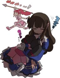 Rule 34 | 3girls, = =, arm up, black hair, blue dress, brown hair, chibi, closed eyes, closed mouth, cropped legs, dress, gaaruru (pripara), highres, holding, holding polearm, holding weapon, hug, idol clothes, kurosu aroma, long hair, long sleeves, multiple girls, open mouth, pink dress, polearm, ponytail, pretty series, pripara, red hair, ritsu (roboroboro), running, shiratama mikan, simple background, sleeping, sleeping on person, spear, twintails, weapon, white background, winding key, zzz
