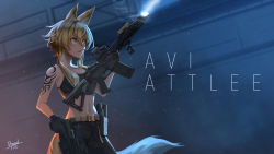 Rule 34 | 1girl, absurdres, animal ears, artist name, assault rifle, belt, black gloves, black pants, black shirt, blonde hair, brown belt, commentary request, commission, crop top, dreadtie, dust cloud, flashlight, fox ears, fox girl, fox tail, frown, gloves, gun, handgun, highres, holding, holding gun, holding weapon, holster, looking to the side, magazine (weapon), midriff, navel, night, open mouth, original, pants, rifle, shirt, short hair with long locks, shoulder tattoo, signature, skeb commission, solo, standing, tactical light, tail, tank top, tattoo, tied shirt, weapon, yellow eyes