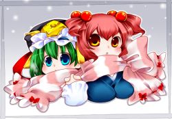 Rule 34 | 2girls, aoi mitsuru, blue eyes, female focus, green hair, hair bobbles, hair ornament, hat, holding hands, multiple girls, onozuka komachi, orange eyes, red hair, scarf, shared clothes, shared scarf, shiki eiki, short twintails, striped clothes, striped scarf, touhou, twintails, two side up, upper body
