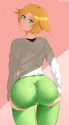 Rule 34 | 1girl, absurdres, ass, bianca (pokemon), blonde hair, cameltoe, creatures (company), eyebrows, game freak, green eyes, highres, hip focus, huge ass, looking back, nintendo, panties, pants, pantylines, pokemon, pokemon bw2, shirt, short hair, simple background, solo, sowilo, thick thighs, thighs, underwear, wide hips