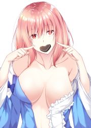 Rule 34 | 1girl, absurdres, areola slip, blue bow, blue kimono, bow, breasts, candy, chocolate, chocolate heart, food, food in mouth, frilled kimono, frills, heart, highres, japanese clothes, kimono, large breasts, long sleeves, looking at viewer, merxkialis, mouth hold, pink eyes, pink hair, saigyouji yuyuko, short hair, solo, touhou, valentine, wavy hair, wide sleeves