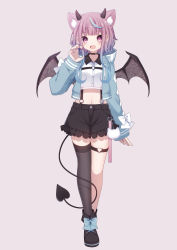 Rule 34 | 1girl, :d, absurdres, animal ears, bat ears, bat wings, black choker, black footwear, black shorts, black thighhighs, blue jacket, choker, collared shirt, crop top, demon horns, demon tail, frills, full body, hand up, high-waist shorts, highres, horns, iriam, jacket, long hair, looking at viewer, midriff, multicolored hair, navel, official art, open clothes, open jacket, open mouth, pink hair, sakuma miku, sapphire (sapphire25252), shirt, shoes, short shorts, shorts, single thighhigh, smile, solo, standing, straight-on, streaked hair, suspenders, tail, thigh strap, thighhighs, virtual youtuber, white shirt, wings