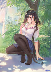 Rule 34 | 1girl, ahoge, anchor hair ornament, artist name, atdan, azur lane, black hair, black pantyhose, blue skirt, blush, breasts, closed mouth, collarbone, collared shirt, commentary request, convenient leg, day, earrings, feet, fine fabric emphasis, full body, hair ornament, hand up, highres, independence (azur lane), jewelry, large breasts, light particles, long hair, looking at viewer, miniskirt, nature, no shoes, outdoors, pantyhose, pink neckwear, pleated skirt, red eyes, shirt, skirt, sleeves pushed up, slit pupils, smile, solo, squatting, tree, tree shade, very long hair, white shirt