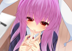 Rule 34 | 1girl, animal ears, blazer, blush, eyes visible through hair, finger in another&#039;s mouth, finger sucking, holding another&#039;s wrist, jacket, long hair, nigo (aozoragarou), pov, pov hands, purple hair, rabbit ears, red eyes, reisen udongein inaba, solo focus, touhou