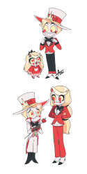 Rule 34 | 1boy, 1girl, :3, adjusting bowtie, aged down, alternate costume, arms behind back, azu (kirara310), black bow, black bowtie, blonde hair, bow, bowtie, cane, charlie morningstar, child, colored sclera, commentary request, father and daughter, grin, hat, hazbin hotel, highres, holding, holding cane, long hair, looking up, lucifer morningstar (hazbin hotel), ponytail, red eyes, sharp teeth, short hair, simple background, smile, teeth, white background, yellow sclera