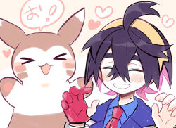 Rule 34 | &gt; &lt;, 1boy, ahoge, animal hands, black hair, blue shirt, blush, closed eyes, collared shirt, colored inner hair, creatures (company), crossed bangs, facial mark, facing viewer, furret, game freak, gen 2 pokemon, gloves, hair between eyes, hairband, heart, highres, kieran (pokemon), mole, mole on neck, multicolored hair, necktie, nintendo, open mouth, partially fingerless gloves, pokemon, pokemon (creature), pokemon sv, red gloves, red necktie, shirt, short hair, single glove, smile, upper body, whisker markings, yataba, yellow hairband