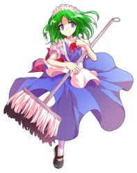 Rule 34 | 1girl, alphes (style), android, apron, black footwear, blue dress, blue eyes, bow, bowtie, closed mouth, dairi, dress, eyebrows, frilled sleeves, frills, full body, green hair, holding, leg up, maid, maid apron, maid headdress, mary janes, mop, parody, parted bangs, puffy short sleeves, puffy sleeves, red bow, red bowtie, ruukoto, shoes, short hair, short sleeves, smile, solo, style parody, tareme, touhou, touhou (pc-98), transparent background, waist apron, white apron, white legwear