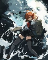 Rule 34 | 10s, 1girl, ahoge, arashi (kancolle), arm over head, arm up, artist name, black thighhighs, bow, dated, gloves, grey eyes, grin, holding, holding weapon, kantai collection, lansane, legs apart, looking at viewer, machinery, red hair, rigging, shirt, short sleeves, smile, solo, standing, standing on liquid, thighhighs, turret, vest, weapon, white gloves, white shirt, zettai ryouiki