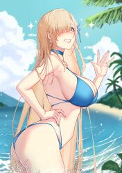 Rule 34 | 1girl, absurdres, anandaname, asuna (blue archive), bikini, blonde hair, blue archive, blue bikini, blue choker, blue eyes, blue nails, blue sky, breasts, choker, cleavage, cloud, commentary, cowboy shot, day, grin, hair over one eye, hand on own hip, hand up, highres, large breasts, long hair, looking at viewer, nail polish, pink lips, sky, smile, solo, standing, swimsuit, thighs, very long hair, water