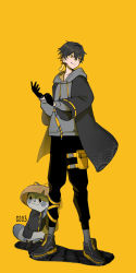 Rule 34 | 1boy, adjusting clothes, adjusting gloves, animal, artist name, black footwear, black gloves, black hair, black jacket, black pants, blonde hair, clothed animal, commentary, crossed bangs, drawstring, earrings, full body, gloves, grey hoodie, grey legwear, hair between eyes, highres, holostars, hood, hoodie, jacket, jewelry, kotatsu (yatogami fuma), leg strap, looking to the side, male focus, mono (bluesky), multicolored hair, pants, pouch, raccoon, ribbon-trimmed sleeves, ribbon trim, sandogasa, sayagata, seigaiha, shoes, short hair, simple background, smile, solo, standing, symbol-only commentary, thigh pouch, thigh strap, two-tone hair, virtual youtuber, yatogami fuma, yellow background, yellow eyes