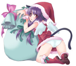 Rule 34 | 1girl, animal ears, arima natsubon, ass, back, boots, bow, cat ears, cat tail, christmas, dress, from behind, hair ribbon, hat, knee boots, kneeling, long hair, looking back, panties, pink bow, purple eyes, purple hair, ribbon, santa costume, santa hat, short dress, solo, tail, tress ribbon, underwear, white panties, wings