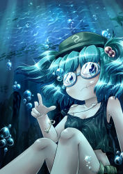Rule 34 | 1girl, blue eyes, blue hair, female focus, fish, goggles, hair bobbles, hair ornament, hat, highres, kawashiro nitori, key, matching hair/eyes, midriff, porforever, short hair, shorts, solo, tank top, touhou, turtle, twintails, two side up, underwater, v, water