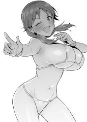 1girl bare_shoulders bikini blush breasts cowboy_shot floating_hair from_side gloves greyscale hair_tie hands_up highres holding holding_whistle idolmaster idolmaster_cinderella_girls idolmaster_cinderella_girls_starlight_stage index_finger_raised katagiri_sanae large_breasts looking_at_viewer low_twintails monochrome navel one_eye_closed open_mouth pointing pointing_at_viewer short_hair sideboob smile solo standing swimsuit tsurui twintails underboob v-shaped_eyebrows whistle