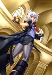 Rule 34 | 1girl, angry, aq interactive, arcana heart, arcana heart 2, ass, atlus, back, boots, clenched hand, clenched hands, coat, examu, eyeshadow, fingerless gloves, flat chest, folded ponytail, from behind, gauntlets, gloves, hair ornament, hair up, hairclip, knee boots, kneepits, looking back, makeup, miniskirt, misao (kami no misoshiru), necktie, pantyhose, pencil skirt, pile bunker, red eyes, short hair, skirt, solo, trench coat, weapon, white hair, window, zenia valov