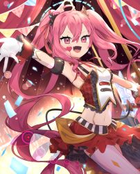 Rule 34 | 1girl, ahoge, arm up, armband, armpits, asymmetrical legwear, breasts, bustier, circus, confetti, cowboy shot, demon tail, dot nose, evil eye (sound voltex), facial mark, fake horns, fang, floating hair, frills, gloves, goma (u p), grace (sound voltex), hair between eyes, halo, hand up, heart, heart tattoo, horns, long hair, looking at viewer, medium breasts, midriff, multicolored eyes, navel, open mouth, outstretched arm, outstretched arms, pink eyes, pink hair, red skirt, skirt, solo, sound voltex, sparkle, standing, striped, tail, tattoo, thighhighs, uneven legwear, v-shaped eyebrows, vertical stripes, very long hair, white gloves, wristband