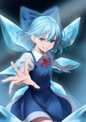 1girl absurdres blue_bow blue_eyes blue_hair blue_skirt blue_vest blurry blurry_background bow cirno commentary english_commentary hair_bow highres ice ice_wings looking_at_viewer reaching reaching_towards_viewer shirt short_hair short_sleeves skirt smacphadraig smile solo touhou undershirt v-shaped_eyebrows vest white_shirt wings