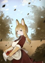 Rule 34 | 1girl, absurdres, animal ears, apple, apron, apron hold, brown hair, bush, closed mouth, collared dress, commentary, dress, falling leaves, food, fruit, grey eyes, highres, leaf, looking at viewer, original, ponytail, rabbit ears, rabbit girl, rabbit tail, red dress, sakutake (ue3sayu), sidelocks, smile, solo, stone wall, symbol-only commentary, tail, tree, wall
