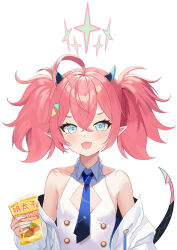 Rule 34 | 1girl, absurdres, ahoge, baozi 9527, blue archive, blue necktie, blush, breasts, cleavage cutout, clothing cutout, collarbone, demon horns, demon tail, halo, highres, holding snack, horns, jacket, jacket partially removed, looking at viewer, momoka (blue archive), necktie, pink hair, pointy ears, shirt, simple background, sleeveless, sleeveless shirt, small breasts, smile, solo, tail, twintails, upper body, white background, white jacket, white shirt