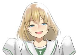 Rule 34 | 10s, 1girl, absurdres, alternate costume, backlighting, bad id, bad twitter id, blonde hair, blue eyes, fangs, girls und panzer, hair between eyes, half-closed eyes, hands in opposite sleeves, hands up, highres, katyusha (girls und panzer), looking at viewer, ooarai school uniform, open mouth, oversized clothes, sailor collar, school uniform, serafuku, simple background, sleeves past wrists, smile, solo, white background, yomu (sgt epper)