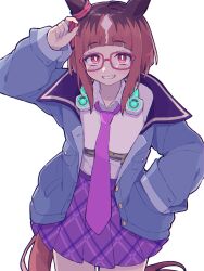 Rule 34 | 1girl, animal ears, arm up, blue jacket, blush, bow, bowtie, bright pupils, brown hair, collared shirt, commentary, ear ornament, glasses, grin, hand in pocket, headphones, headphones around neck, highres, horse ears, horse girl, horse tail, jacket, long sleeves, looking at viewer, necktie, open clothes, open jacket, pink necktie, purple skirt, red eyes, rjsn, shirt, shirt tucked in, short hair, simple background, skirt, smile, solo, standing, tail, transcend (umamusume), umamusume, white background, white pupils, white shirt