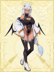 Rule 34 | 1girl, ahoge, bare shoulders, black leotard, black thighhighs, blue hair, boots, breasts, center opening, chain paradox, cleavage, cleavage cutout, closed mouth, clothing cutout, cocytus (wind master), covered eyes, covered navel, crossed bangs, dark-skinned female, dark skin, flower, full body, gluteal fold, hair over eyes, hand in pocket, high heel boots, high heels, highleg, highleg leotard, highres, large breasts, legs apart, leotard, light blue hair, long hair, long sleeves, multicolored hair, off-shoulder jacket, off shoulder, original, shiny clothes, shiny skin, sidelocks, smile, solo, standing, standing on one leg, tan, thighhighs, thighs, very long hair, white hair, wings, yellow background