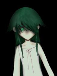 1girl dress green_eyes green_hair highres horror_(theme) one_eye_covered saya_(saya_no_uta) saya_no_uta simple_background solo white_dress