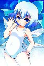 Rule 34 | 1girl, blue eyes, blue hair, bow, cirno, female focus, hair bow, ice, ice wings, matching hair/eyes, one-piece swimsuit, school swimsuit, short hair, smile, solo, swimsuit, takamoto akisa, touhou, white school swimsuit, white one-piece swimsuit, wings