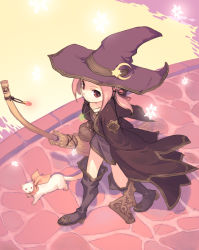 Rule 34 | boots, broom, cloak, ferret, futaba jun, hat, pink hair, red eyes, snowflakes, solo, witch, witch hat