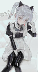 Rule 34 | 1girl, absurdres, apron, arm support, black bodysuit, bodysuit, bodysuit under clothes, couch, drill hair, gloves, green eyes, grey hair, head rest, heterochromia, highres, juliet sleeves, latex, latex bodysuit, long sleeves, looking at viewer, maid, maid apron, maid headdress, medium hair, neon (saaal653), original, pink eyes, puffy sleeves, saaal653, shiny clothes, sidelocks, sitting, skin tight, skull ornament, solo, twin drills, twintails, white gloves