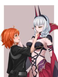 Rule 34 | 2girls, absurdres, ahoge, bad id, bad pixiv id, black jacket, blush, breasts, cape, carmilla (fate), commentary request, couple, eye contact, fate/grand order, fate (series), female focus, from side, fujimaru ritsuka (female), fujimaru ritsuka (female) (polar chaldea uniform), grey background, hand on another&#039;s cheek, hand on another&#039;s face, hand to own mouth, height difference, highres, horns, interspecies, jacket, kairopoda, large breasts, long hair, looking at another, multiple girls, navel, open mouth, orange eyes, orange hair, revealing clothes, short hair, silver hair, simple background, two-tone background, upper body, v-shaped eyebrows, yellow eyes, yuri