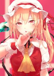 Rule 34 | 1girl, artist name, ascot, black choker, black ribbon, blonde hair, blush, choker, crystal, dated, flandre scarlet, hair between eyes, hat, hat ribbon, highres, holding, long hair, looking at viewer, mob cap, one side up, parted lips, pointy ears, puffy short sleeves, puffy sleeves, red background, red eyes, red ribbon, red vest, ribbon, ribbon choker, sakusyo, shirt, short sleeves, signature, solo, touhou, upper body, vest, white hat, white shirt, wings, yellow ascot