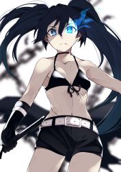 Rule 34 | 1girl, absurdres, belt, bikini, bikini top only, black bikini, black gloves, black hair, black rock shooter, black rock shooter (character), black shorts, blue eyes, breasts, closed mouth, collarbone, gloves, glowing, glowing eye, highres, kameno sachi, long hair, looking at viewer, navel, scar, shorts, small breasts, solo, swimsuit, twintails, white belt