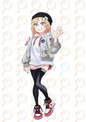 Rule 34 | 1girl, absurdres, air jordan, air jordan 1, alternate costume, beanie, black hat, blue eyes, bomber jacket, commentary, english commentary, eyebrows hidden by hair, hat, highres, hololive, hololive english, hood, hoodie, jacket, knifecat, looking at viewer, magnifying glass, shoes, smile, sneakers, solo, streetwear, thighhighs, virtual youtuber, watson amelia, waving, white hoodie