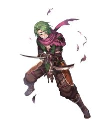 Rule 34 | 1boy, brown eyes, circlet, fire emblem, fire emblem fates, fire emblem heroes, full body, gloves, green hair, highres, injury, japanese clothes, kaze (fire emblem), lack, male focus, nintendo, official art, one eye closed, sandals, scarf, solo, teeth, torn clothes, transparent background