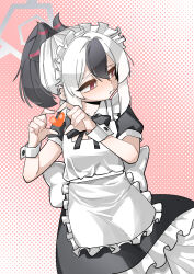Rule 34 | 1girl, absurdres, alternate costume, apron, black dress, black hair, blue archive, closed mouth, commentary request, demon girl, demon horns, dress, ear piercing, enmaided, fey (whitepaper), frilled apron, frills, grey halo, hair between eyes, halo, heart, heart hands, highres, horns, kayoko (blue archive), korean commentary, looking to the side, maid, multicolored hair, piercing, ponytail, puffy short sleeves, puffy sleeves, red eyes, short sleeves, solo, two-tone hair, white apron, white hair, wrist cuffs