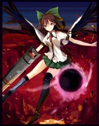 Rule 34 | 1girl, alternate weapon, arm cannon, armor, asymmetrical legwear, bird wings, black thighhighs, black wings, blouse, boots, bow, cape, collared shirt, commentary, energy ball, full body, greaves, green skirt, hair bow, holding, holding weapon, long hair, looking at viewer, miniskirt, red eyes, reiuji utsuho, scenery, shirt, short sleeves, single thighhigh, skirt, smile, solo, standing, tetsurou (fe+), thighhighs, third eye, touhou, uneven legwear, weapon, white shirt, wings