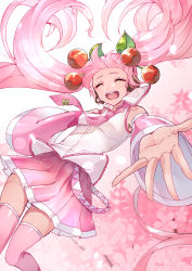 Rule 34 | 1girl, absurdres, bad id, bad pixiv id, bare shoulders, belt, cherry, cherry blossoms, cherry hair ornament, closed eyes, commentary, cowboy shot, detached sleeves, facing viewer, floating hair, floral background, flower, food, food-themed hair ornament, fruit, hair ornament, hatsune miku, headphones, headset, highres, kusunokimizuha, long hair, miniskirt, necktie, open mouth, outstretched arm, pink flower, pink hair, pink skirt, pink sleeves, pink theme, pink thighhighs, pleated skirt, reaching, reaching towards viewer, sakura miku, shirt, skirt, sleeveless, sleeveless shirt, smile, solo, thighhighs, twintails, very long hair, vocaloid, white shirt, zettai ryouiki