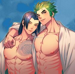 Rule 34 | 2boys, abs, bare pectorals, black hair, brothers, chest tattoo, closed mouth, genji (overwatch), green hair, hanzo (overwatch), long hair, looking at viewer, male focus, multiple boys, nipples, nkraae, open clothes, open shirt, overwatch, overwatch 2, pectorals, shirt, short hair, siblings, smile, tattoo, upper body, white shirt