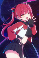 Rule 34 | 1girl, a-ka, black gloves, black shirt, black skirt, blush, breasts, commentary request, cowboy shot, crop top, cropped jacket, fang, fingerless gloves, fingernails, gloves, hand on own hip, highres, hololive, houshou marine, iii (hololive), jacket, large breasts, long fingernails, long hair, looking at viewer, midriff, miniskirt, multicolored clothes, multicolored jacket, open clothes, open jacket, open mouth, pleated skirt, red eyes, red hair, red jacket, shirt, skirt, smile, solo, tongue, twintails, two-tone jacket, white jacket, yellow eyes