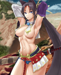 Rule 34 | 1girl, absurdres, arcsinge, armor, armpits, arms behind head, arms up, asymmetrical sleeves, black hair, blue eyes, blue panties, blurry, blurry background, breast curtains, breasts, commentary, detached sleeves, english commentary, fate/grand order, fate (series), feather hair ornament, feathers, hair ornament, hat, highres, japanese armor, katana, kusazuri, long hair, looking at viewer, medium breasts, mismatched sleeves, navel, open mouth, panties, parted bangs, pom pom (clothes), purple sleeves, revealing clothes, sheath, sheathed, shoulder armor, side ponytail, sode, solo, sword, tate eboshi, underwear, ushiwakamaru (fate), very long hair, weapon, white sleeves